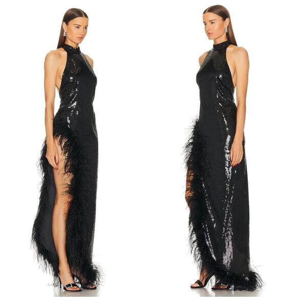 Retrofete Vixen Sequin Feather Hem High Slit Halterneck Maxi Dress Size Large - Picture 3 of 12